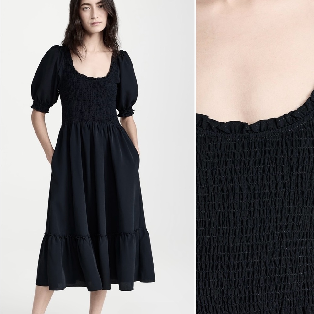 Black Smocked Midi Dress with Puff Sleeves